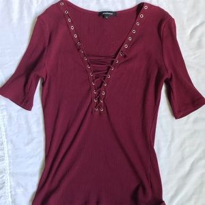 Maroon lace up deep-v top